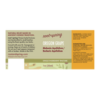 Root+Spring Oregon Grape single-ingredient tincture label, 1oz (30ml). The label features a split design with a warm beige left side and a bright orange right side, detailing ingredients, suggested use, and augmented serving.