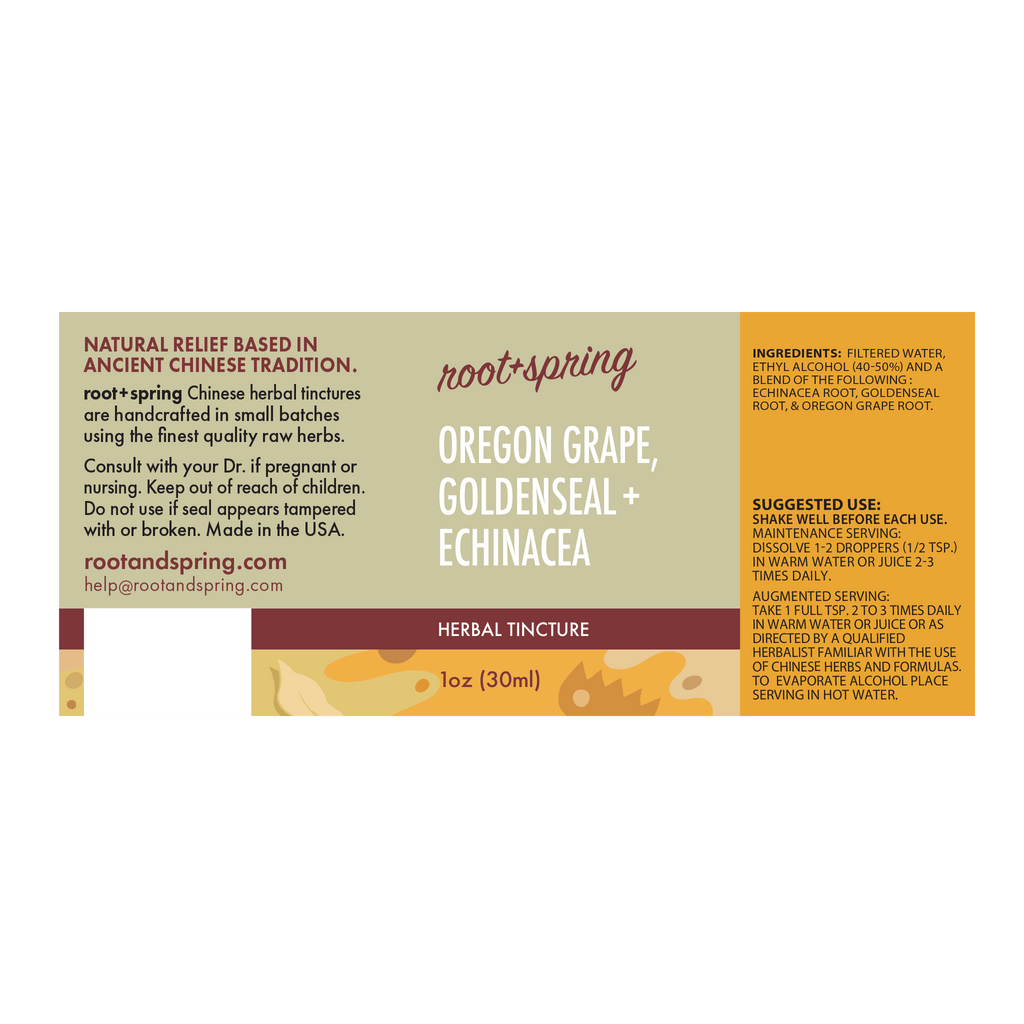 A rectangular herbal tincture label for Root+Spring Oregon Grape, Goldenseal+Echinacea, with text blocks on a cream and tan background and a small botanical illustration at the bottom.