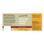 A rectangular herbal tincture label for Root+Spring Oregon Grape, Goldenseal+Echinacea, with text blocks on a cream and tan background and a small botanical illustration at the bottom.