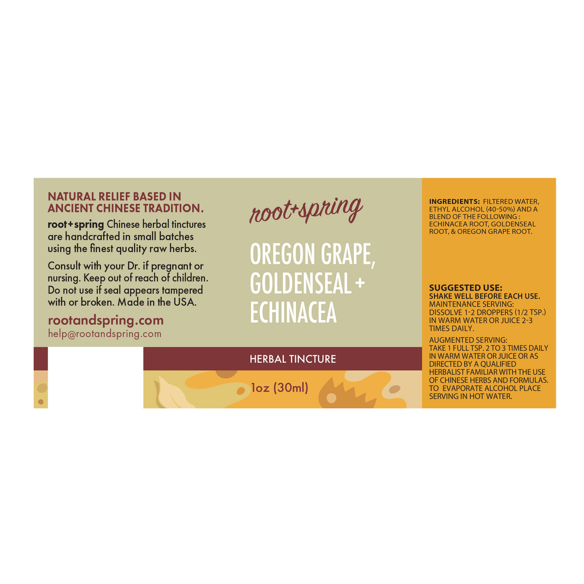 A rectangular herbal tincture label for Root+Spring Oregon Grape, Goldenseal+Echinacea, with text blocks on a cream and tan background and a small botanical illustration at the bottom.