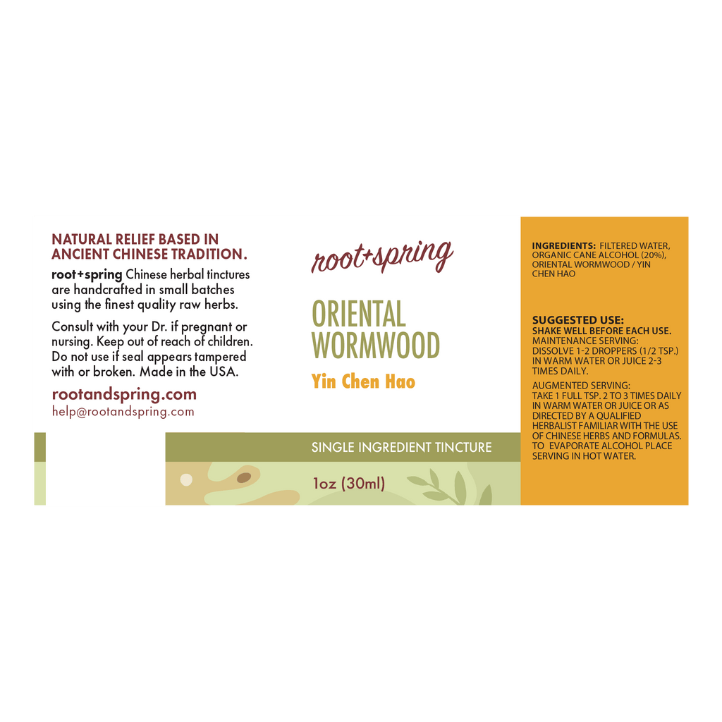 Front label of Root+Spring Oriental Wormwood Yin Chen Hao single ingredient tincture, 1 oz (30ml). Features a white background with a green and orange accent band at the bottom, alongside product details, ingredients, and usage instructions.