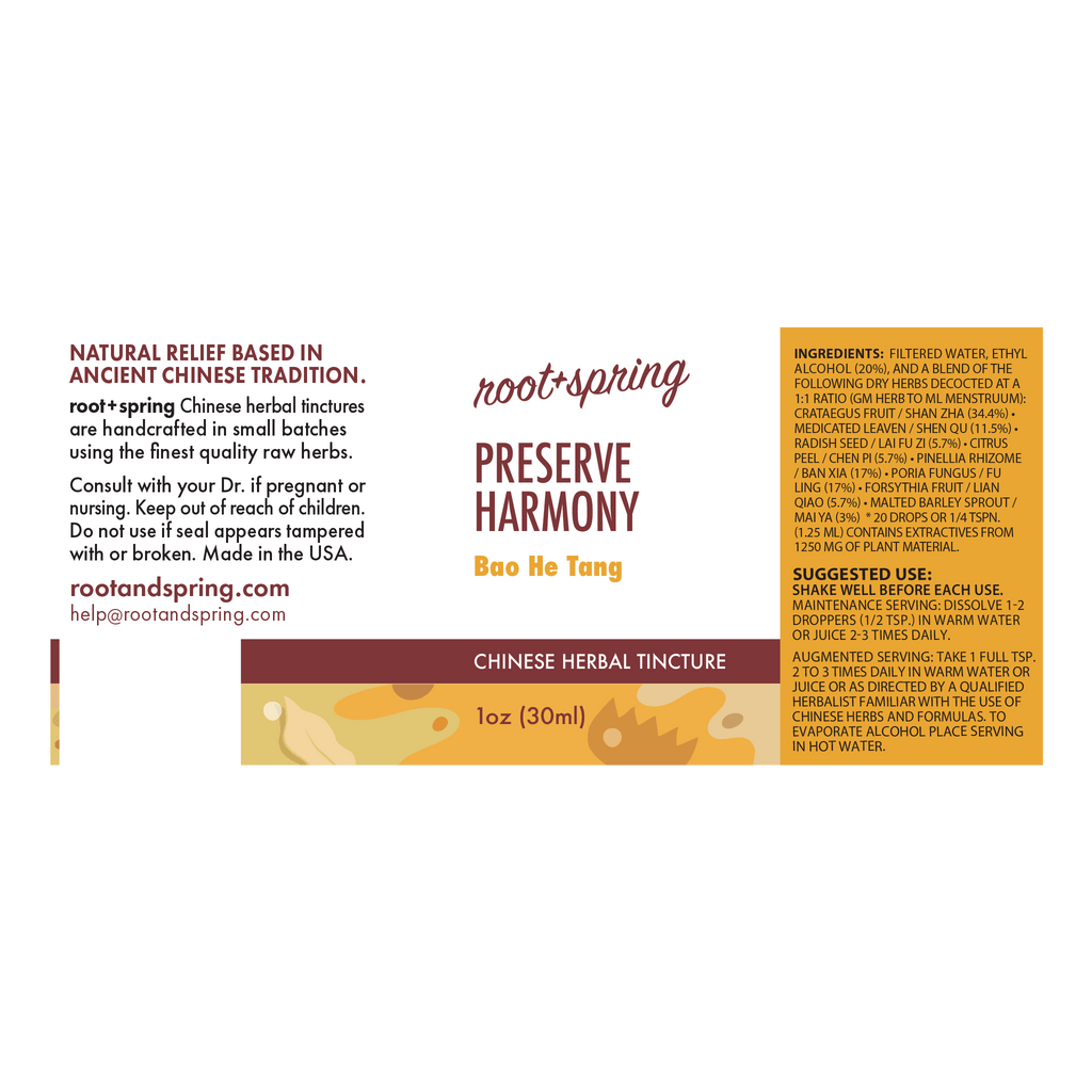 Root+Spring Preserve Harmony Chinese herbal tincture packaging label, featuring a white background with red and brown branding, a small illustrated tincture bottle, and text detailing ingredients, suggested use, and warnings.