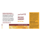 Root+Spring Preserve Harmony Chinese herbal tincture packaging label, featuring a white background with red and brown branding, a small illustrated tincture bottle, and text detailing ingredients, suggested use, and warnings.