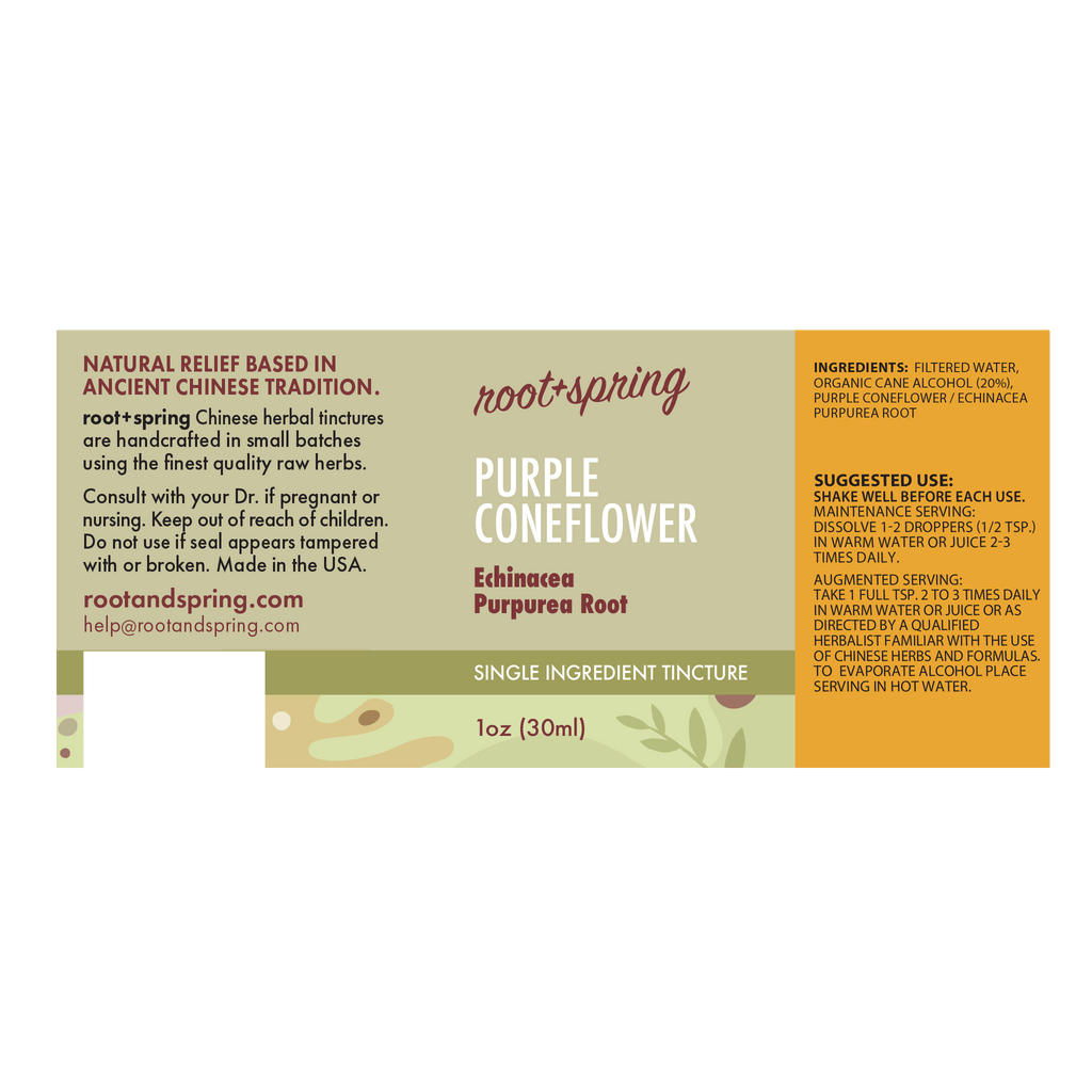 A rectangular herbal tincture label for Root + Spring Purple Coneflower. The label has a cream background with a large orange information panel including the ingredients, suggested use, and information.