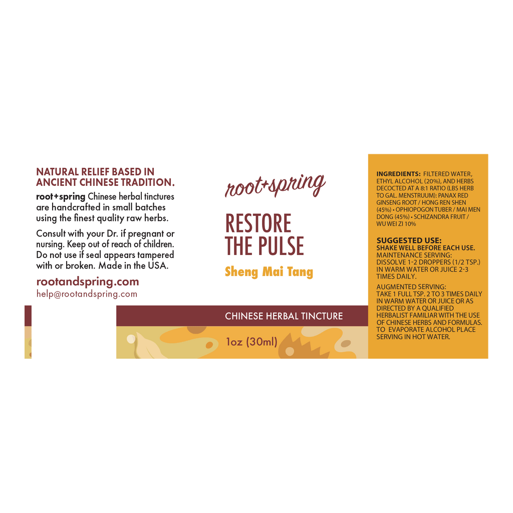 Front label of Root + Spring Chinese Herbal Tincture 'Restore the Pulse' (Sheng Mei Tang), showing product name, description, ingredients, suggested use, and dosage instructions on a white background.