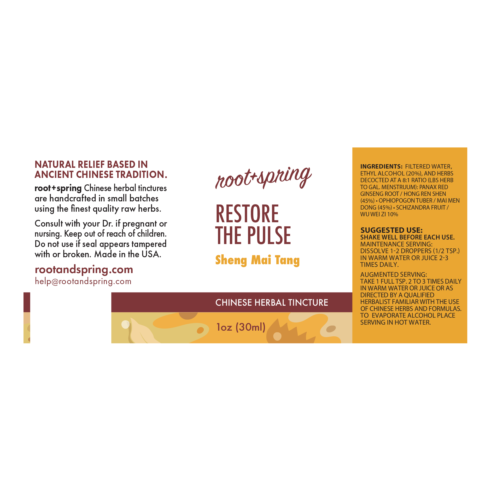 Front label of Root + Spring Chinese Herbal Tincture 'Restore the Pulse' (Sheng Mei Tang), showing product name, description, ingredients, suggested use, and dosage instructions on a white background.