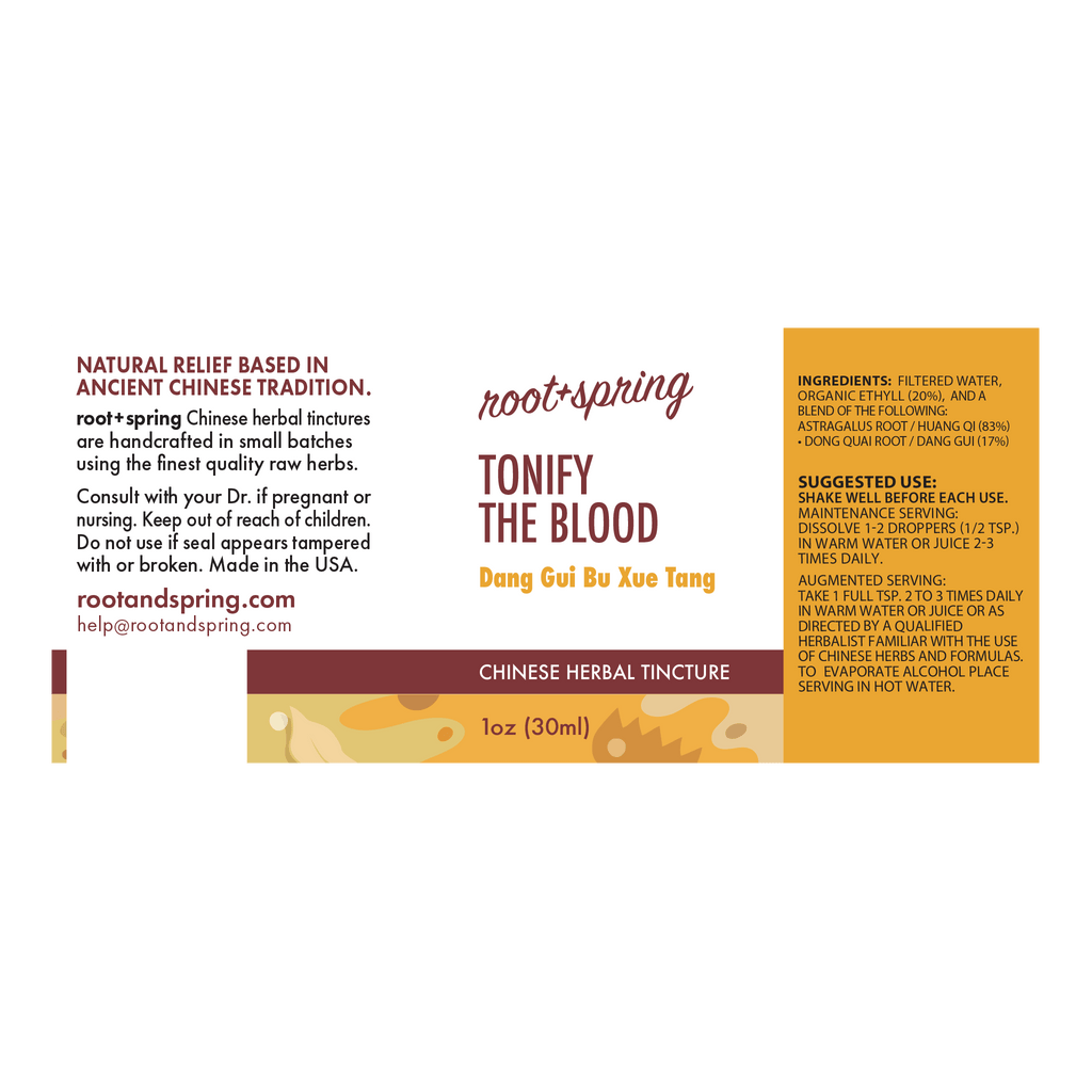 Front label of Root+Spring Tonify the Blood Chinese Herbal Tincture, 1oz (30ml), featuring product details, ingredients, and suggested use on a white background.