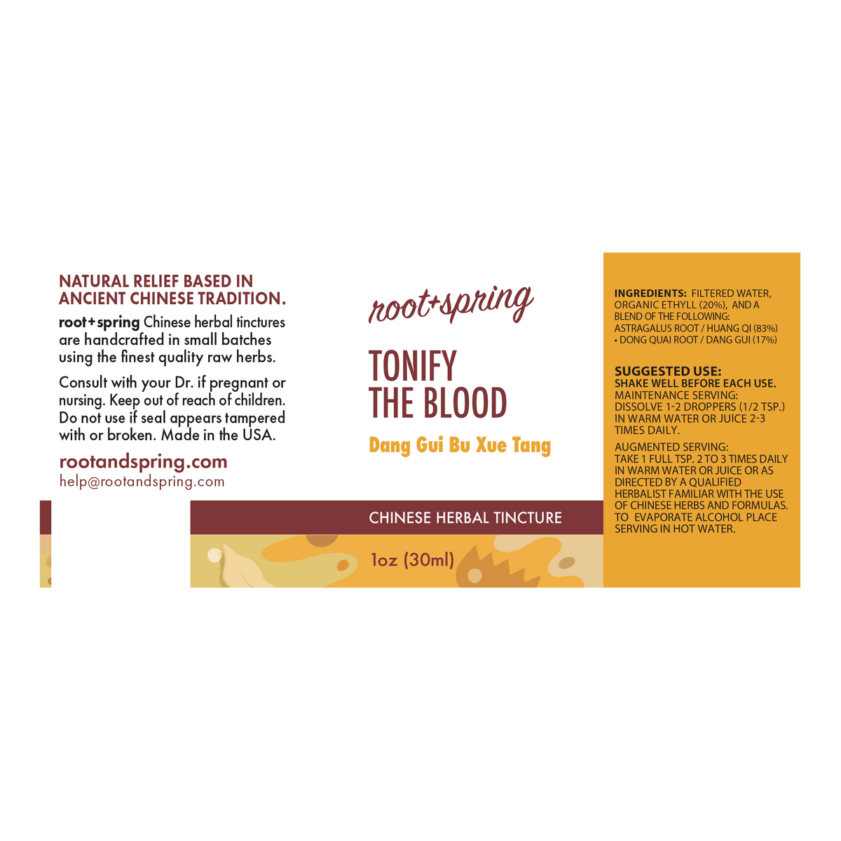 Front label of Root+Spring Tonify the Blood Chinese Herbal Tincture, 1oz (30ml), featuring product details, ingredients, and suggested use on a white background.