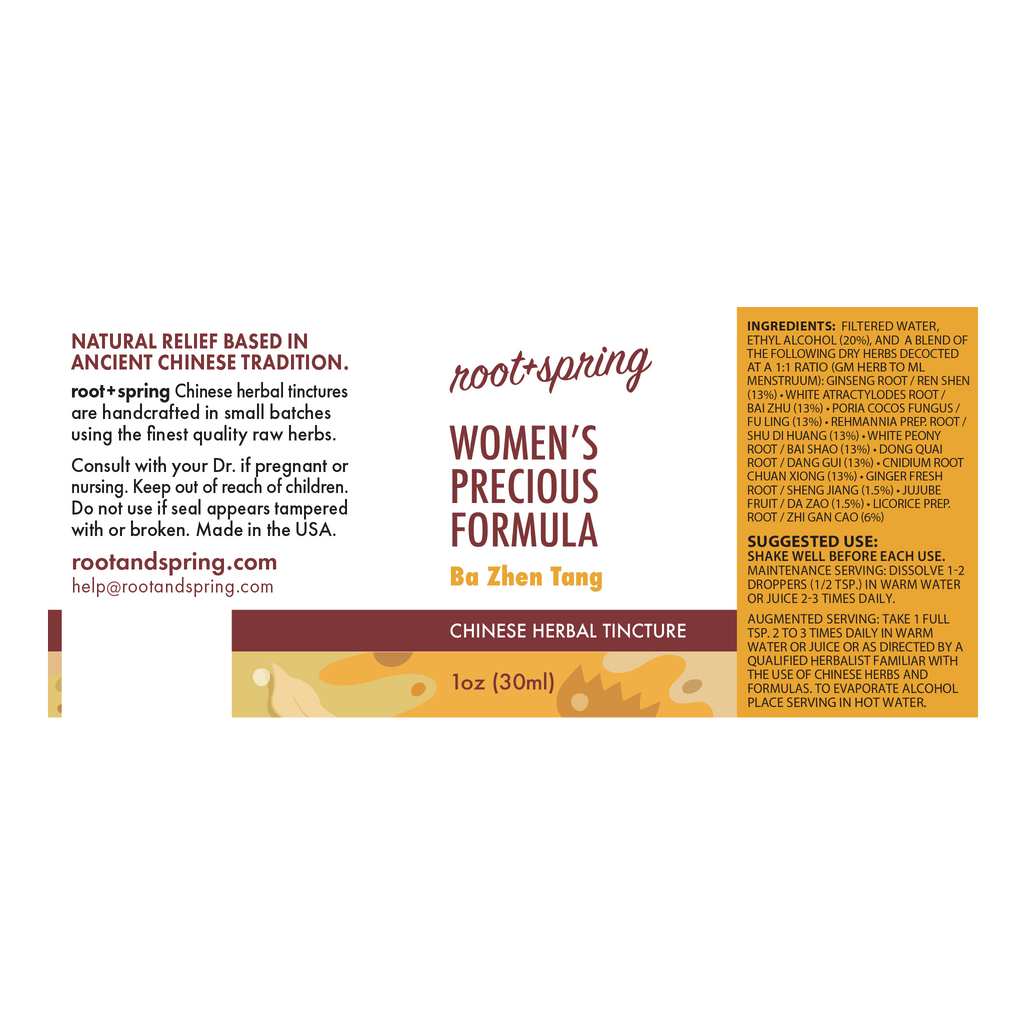 Front label of Root+Spring Women's Precious Formula Ba Zhen Tang Chinese herbal tincture, showing product name, ingredients, suggested use, and website on a white background.