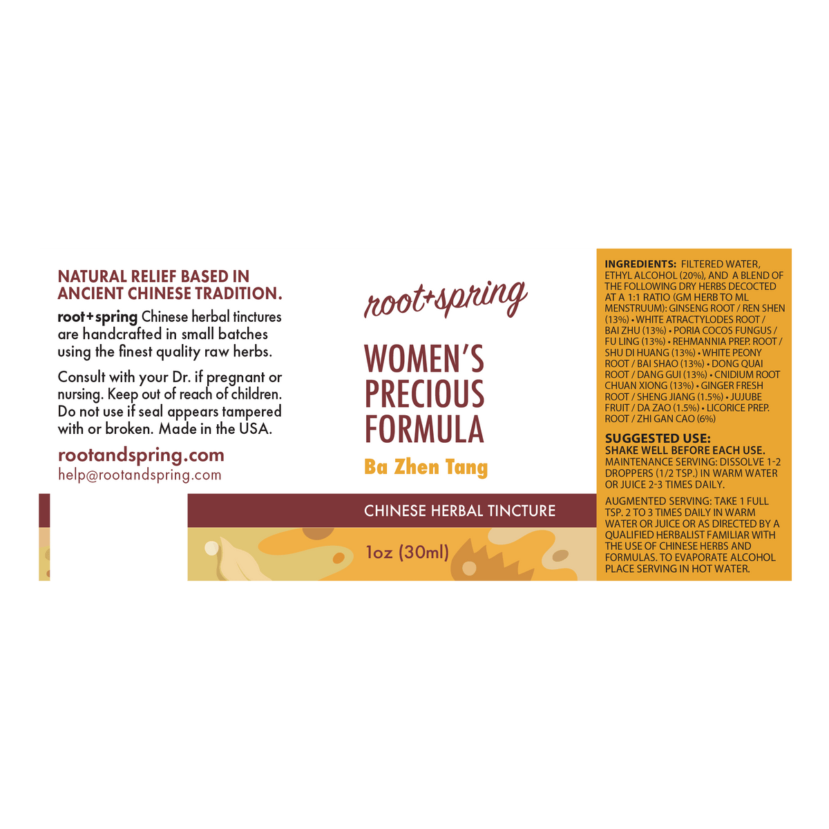 Front label of Root+Spring Women's Precious Formula Ba Zhen Tang Chinese herbal tincture, showing product name, ingredients, suggested use, and website on a white background.