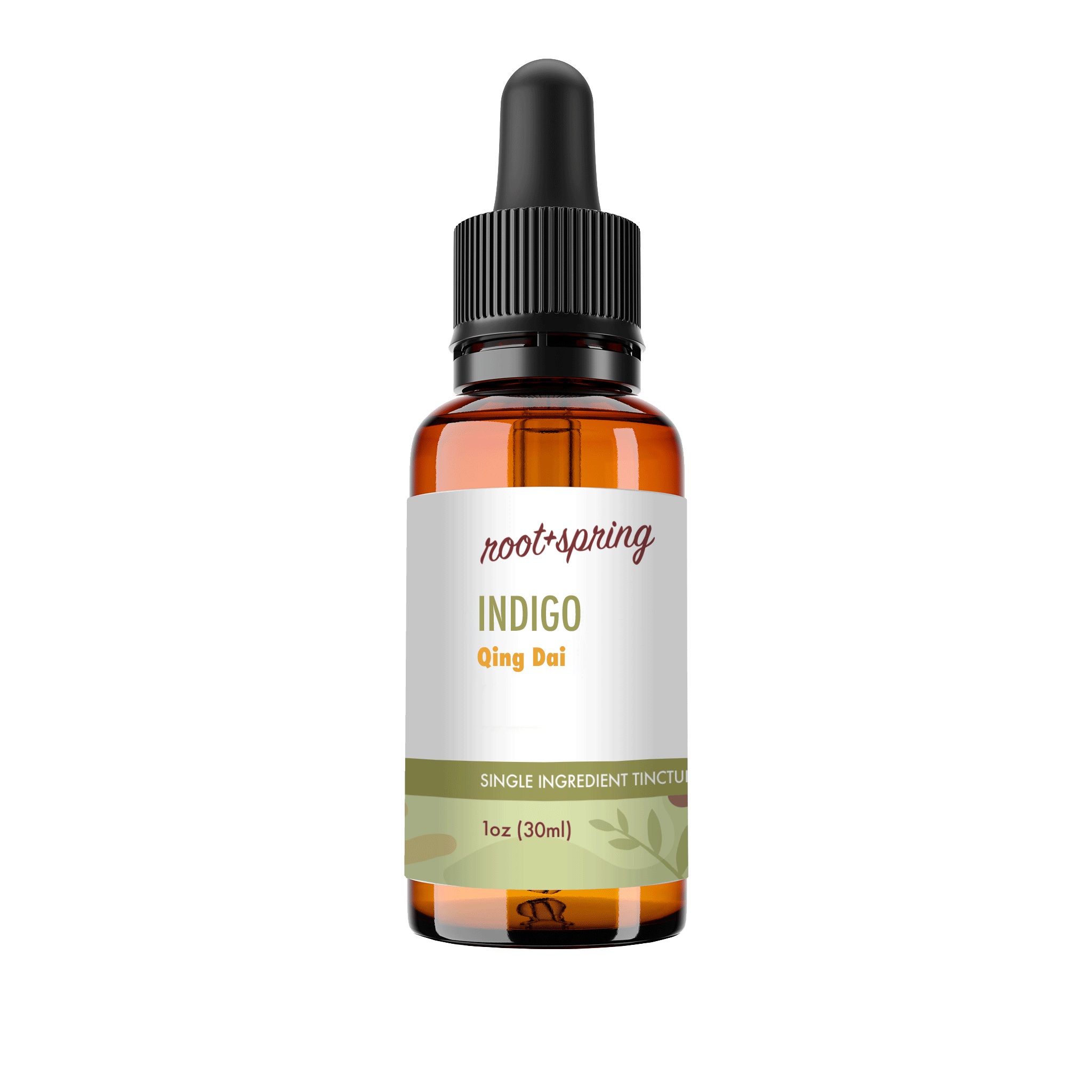 A 1 oz amber glass dropper bottle of Root+Spring Tincture of the Month, Indigo, with a white label and black dropper cap, isolated on a white background.