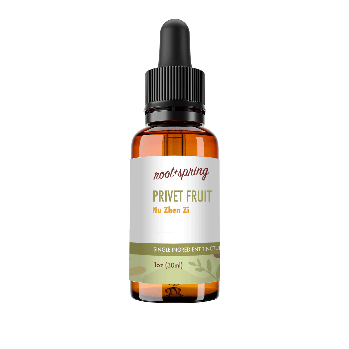 A 1 oz amber glass dropper bottle of Root+Spring Privet Fruit single ingredient tincture, featuring a white label with green and orange text, and a black dropper cap, set against a plain white background.