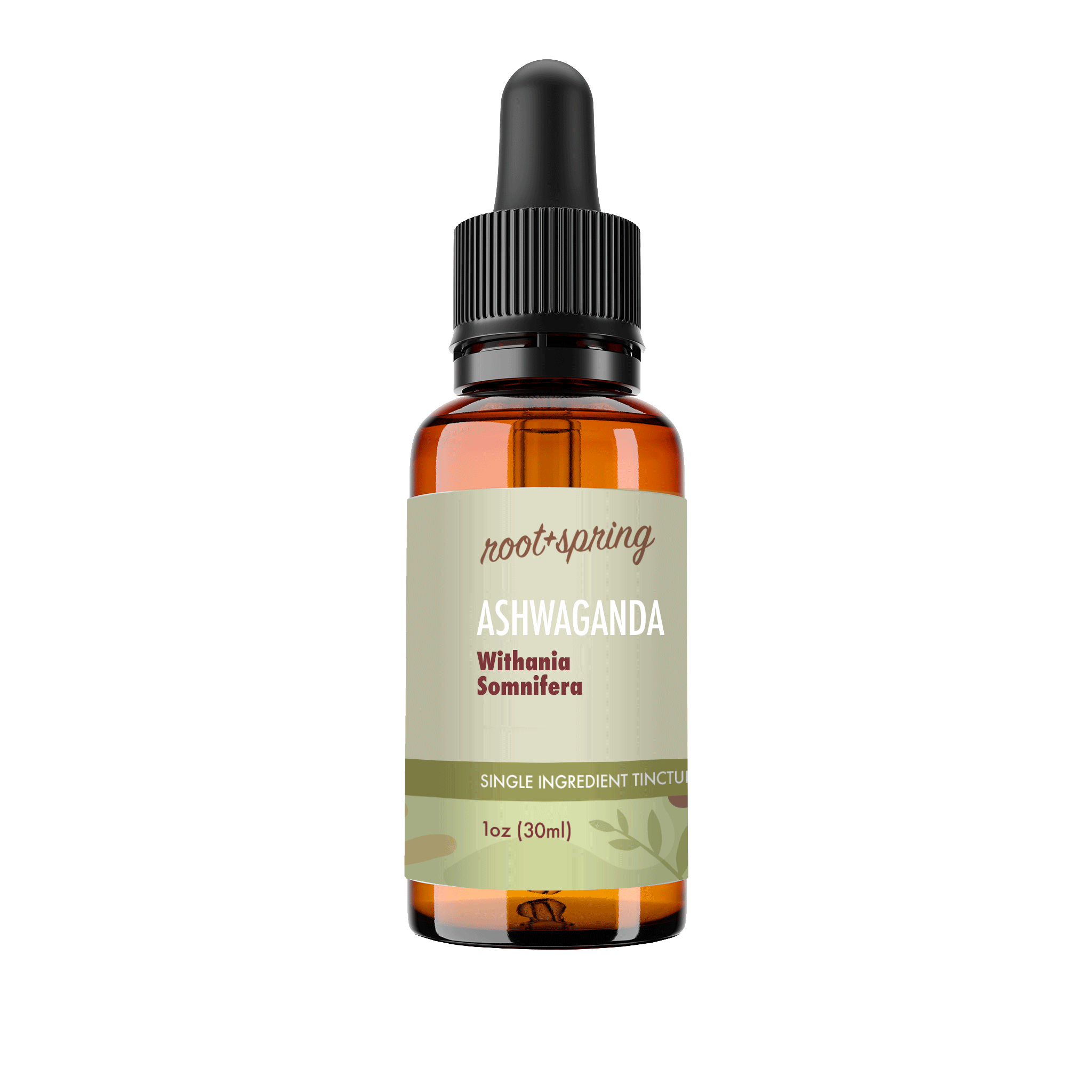 A 1 oz amber glass dropper bottle of Root+Spring Ashwaganda tincture with a black dropper cap and a light olive-green label, shown on a transparent background.