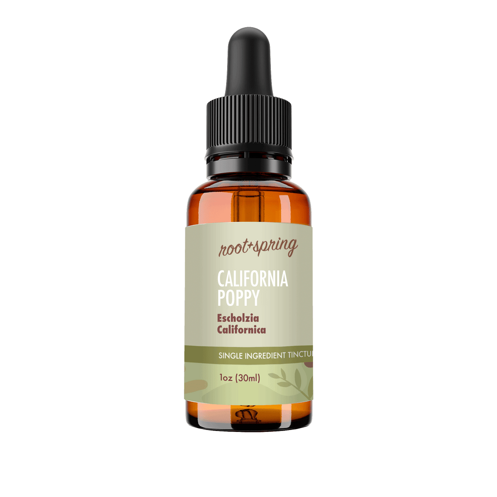A 1oz amber glass dropper bottle of Root+Spring California Poppy single ingredient tincture, featuring a black dropper cap and a light sage green label with brown text and botanical illustrations.