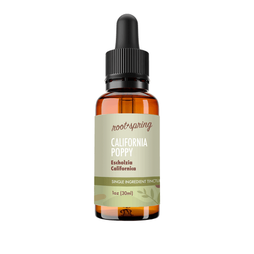 A 1oz amber glass dropper bottle of Root+Spring California Poppy single ingredient tincture, featuring a black dropper cap and a light sage green label with brown text and botanical illustrations.