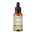 A 1 oz amber glass dropper bottle of Root+Spring Olive Leaf Olea Eurpaea  tincture, featuring a black dropper cap and a light sage green label with brown text, set against a plain white background.