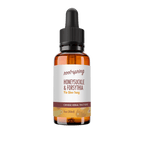 Amber eyedropper-top tincture bottle containing 1 fluid ounce (30 milliliters) of root + spring Honeysuckle and Forsythia Yin Qiao Tang Chinese herbal tincture.