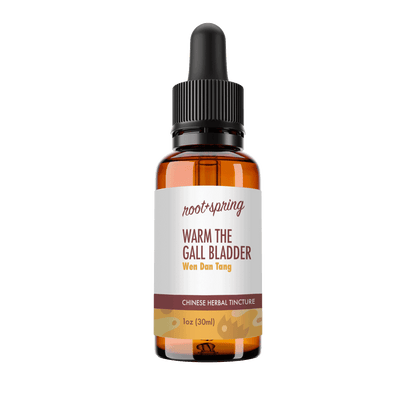 Amber eyedropper-top tincture bottle containing 1 fluid ounce (30 milliliters) of root + spring Warm the Gall Bladder Wen Dan Tang Chinese herbal tincture.