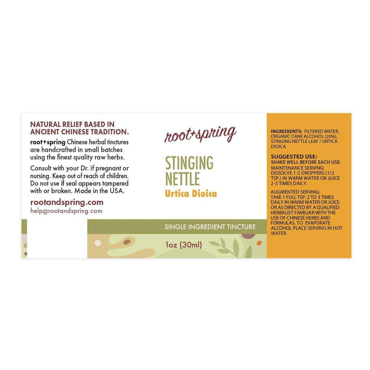 Label of Stinging Nettle (Urtica Dioica) Herbal Tincture by root + spring.