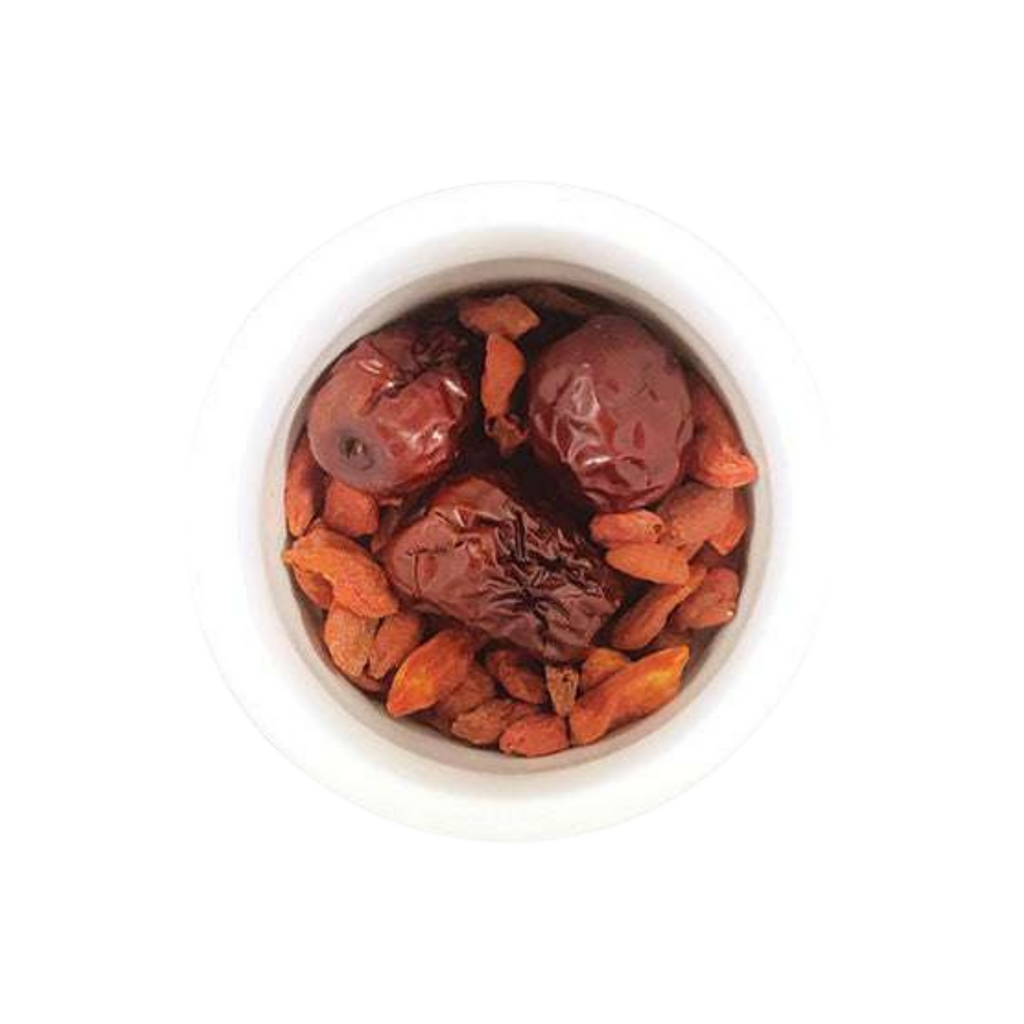 Image of ingredients for root + spring's Goji Berries & Red Dates "Blood Revitalizer" Chinese Herbal Tea Mix.