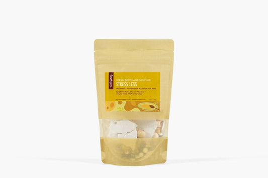 Image of root + spring's Chinese herbal broth and soup mix "stress less". 